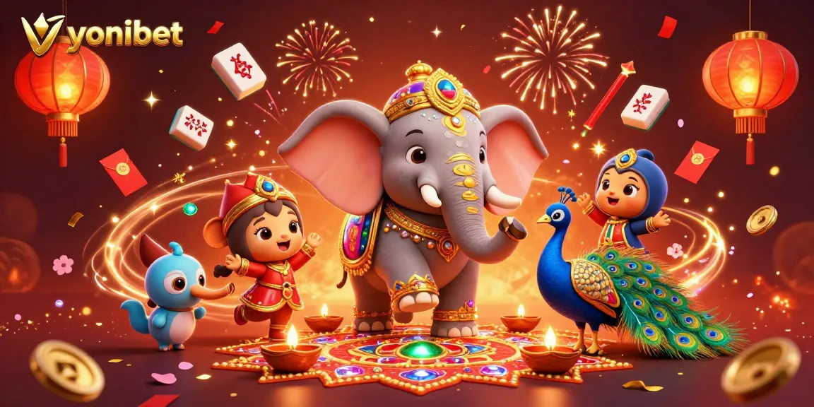 Engage with yonibet for an immersive gaming experience, featuring vibrant casino elements and Diwali-themed characters.