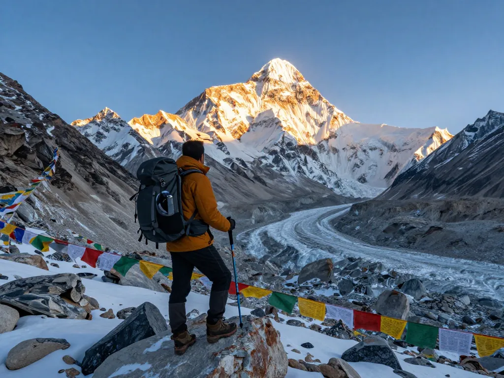 Epic Everest Base Camp trekking scene at sunrise with climber, majestic peaks, and prayer flags.