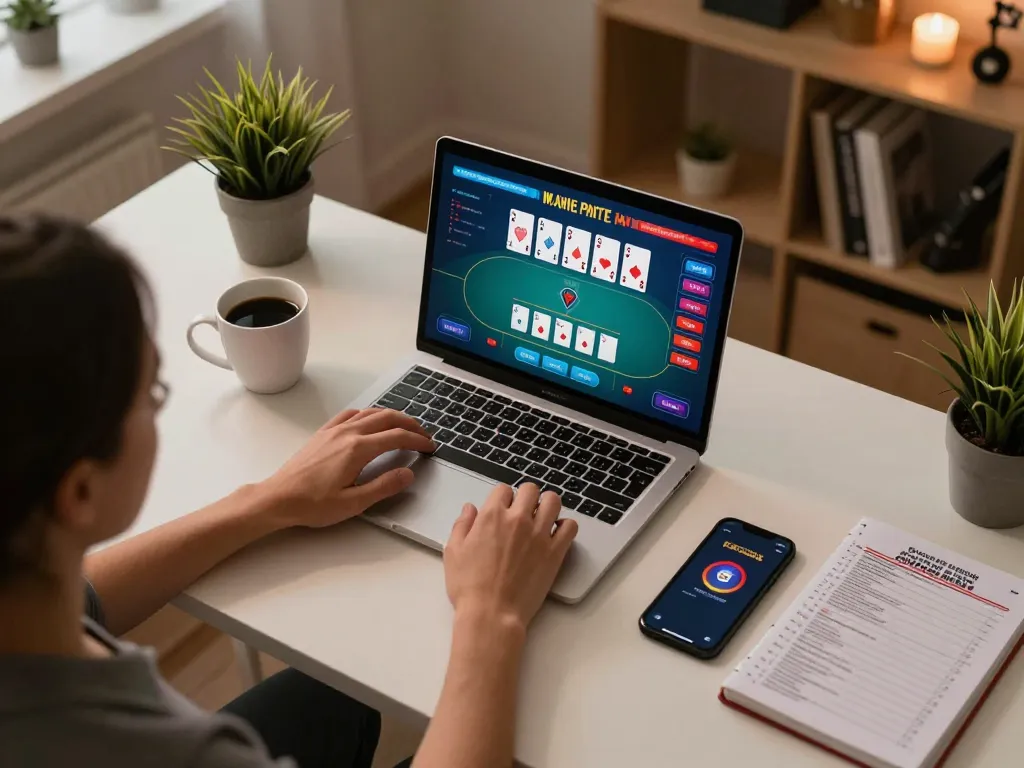 Sunwin player enjoys online poker at home, featuring a laptop and strategy notes for an engaging gaming experience
