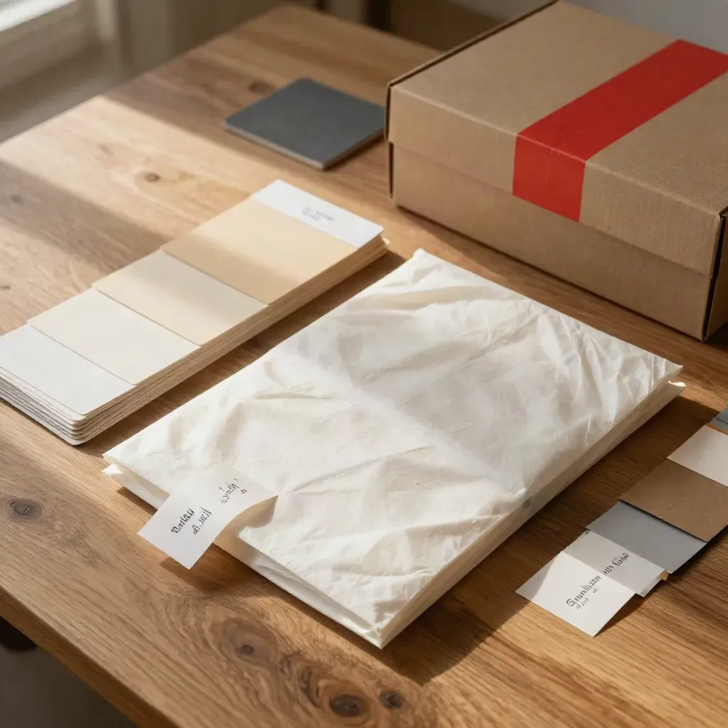 Startup launch kit packaging, swatches, and shipping boxes on raw oak in warm daylight.