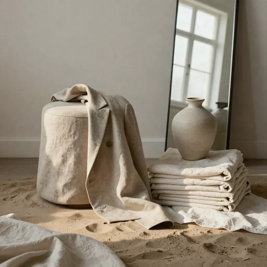 Boutique loft brand-photo corner with linen stool, blazer, backdrop fabric, vase and mirror.
