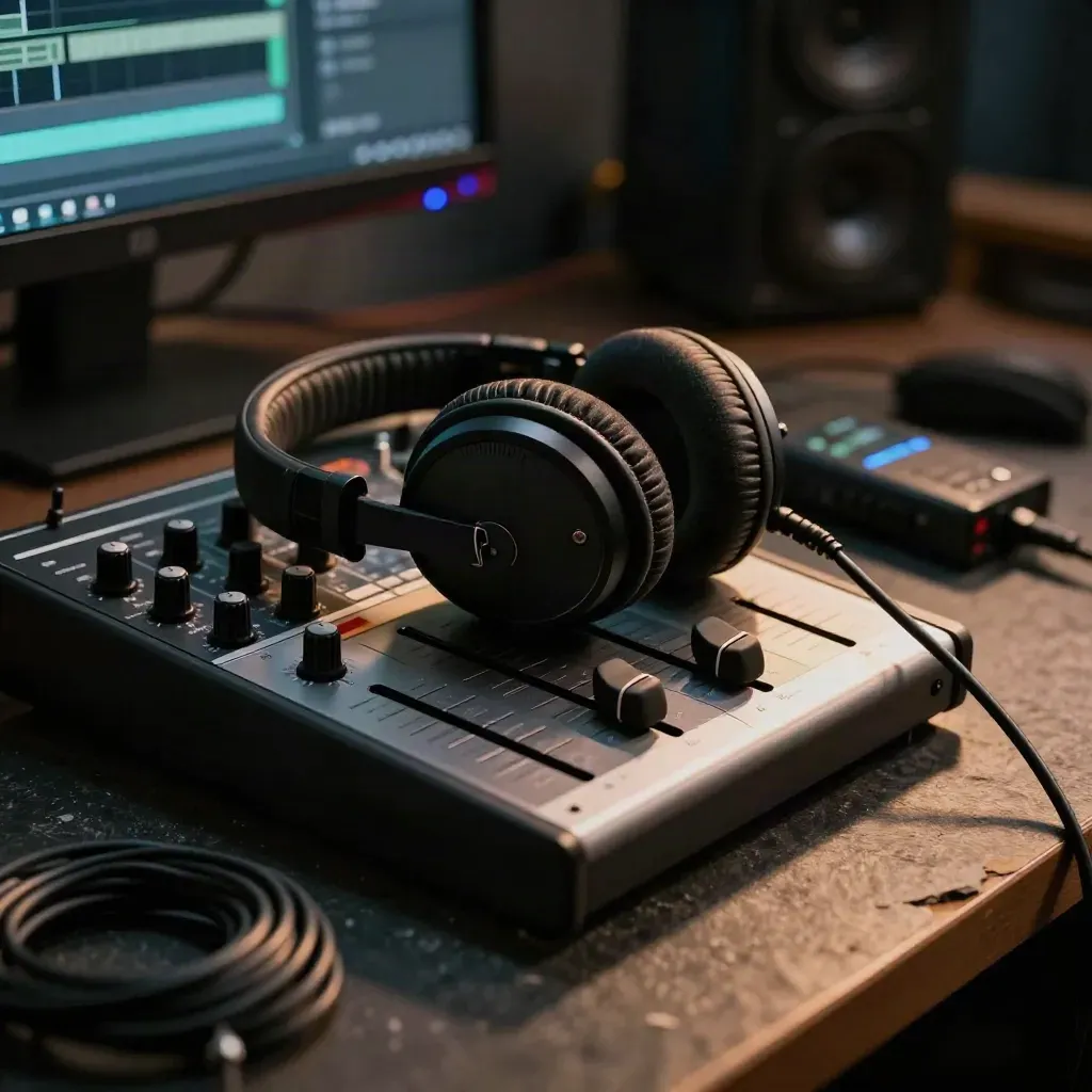 Podcast gear mid-edit on dark stone with headphones, mixer, recorder, cable, and teal monitor glow.