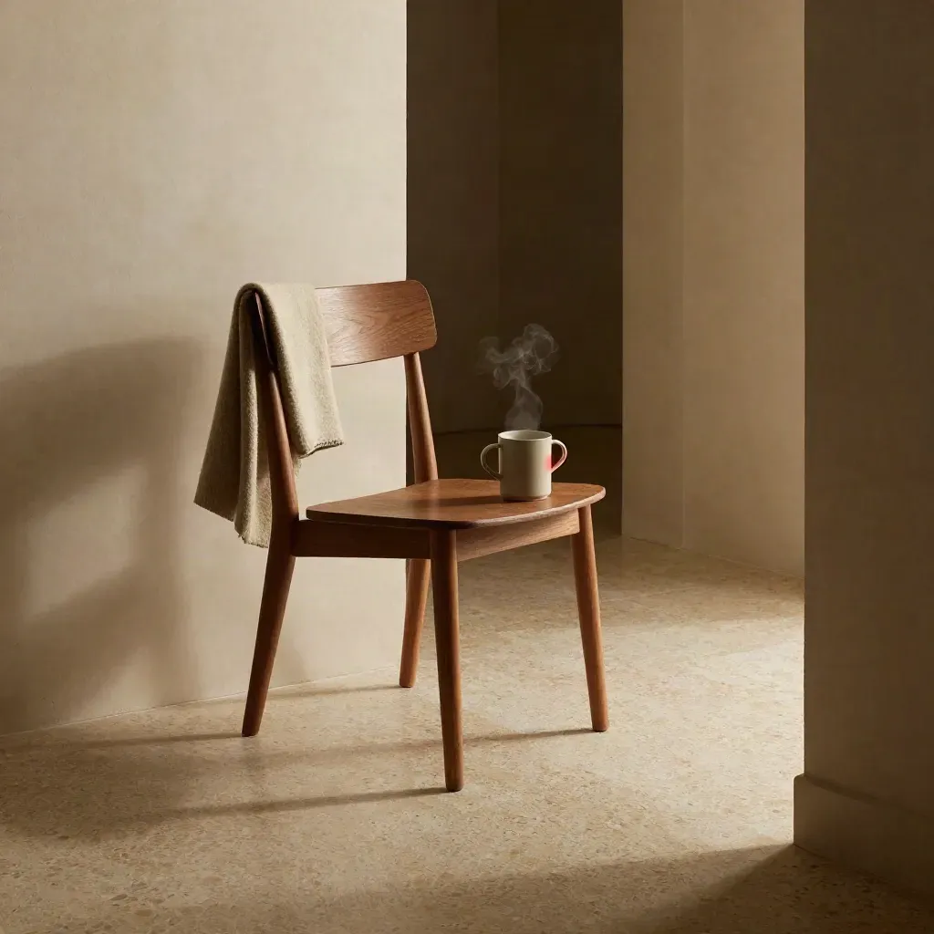 Empty loft interview nook with walnut chair, wool throw, steaming mug and warm doorway spill.
