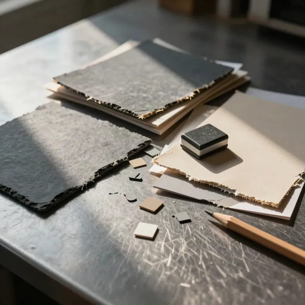 Top-down brand audit still life with swatches, torn samples, tablet, chips, and paper dust on steel.