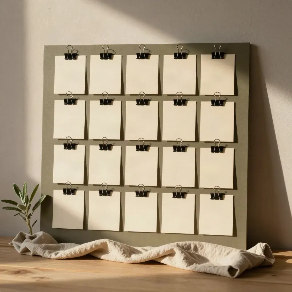 Pinned content map cards with clips, cloth and plant on a warm matte board in soft window light.