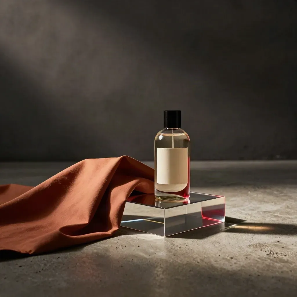 Moody ad-visual product set with acrylic block, fabric sweep, and bottle on concrete.