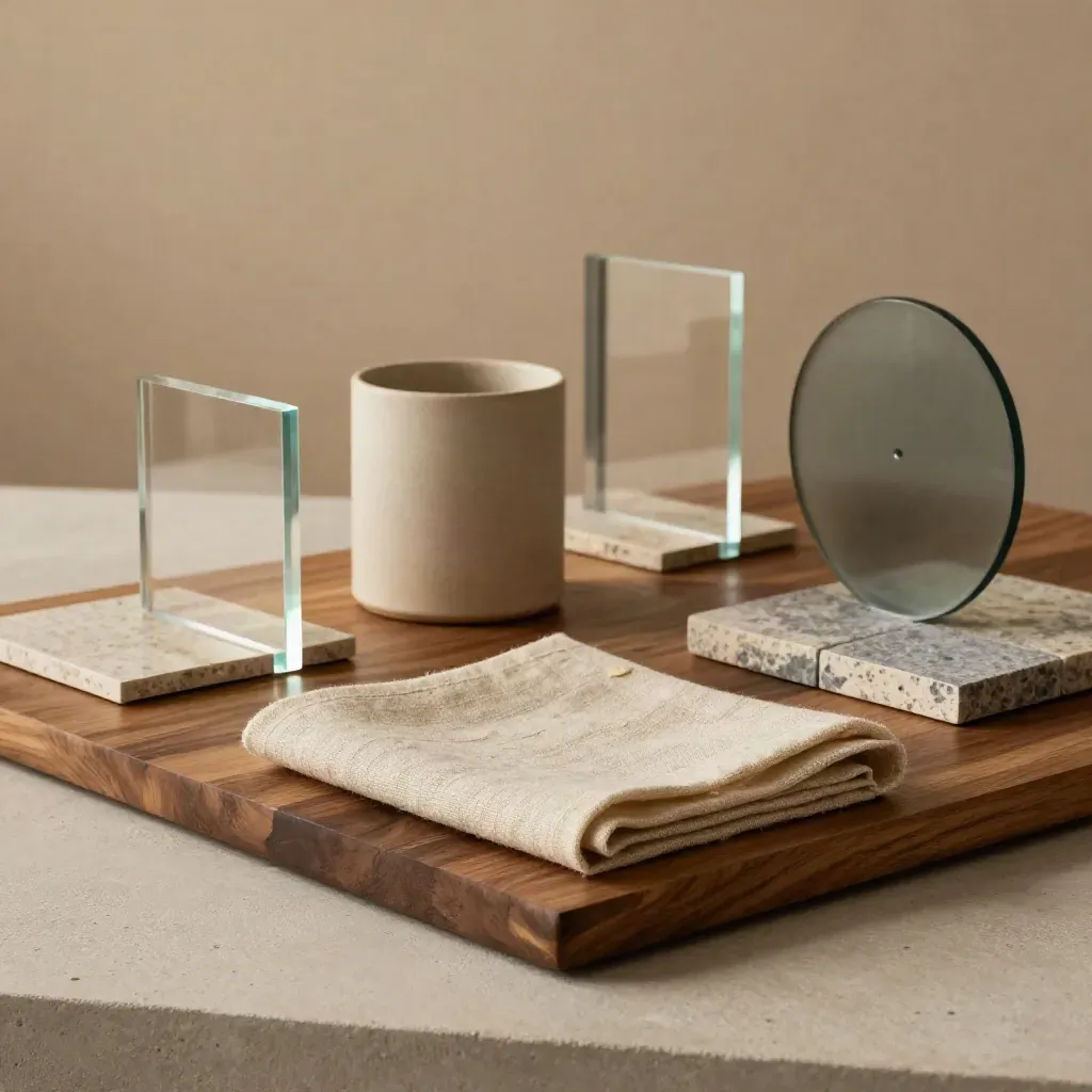 Four styled tabletop ad concepts with acrylic, linen, stone, and a teal accent on a studio surface.