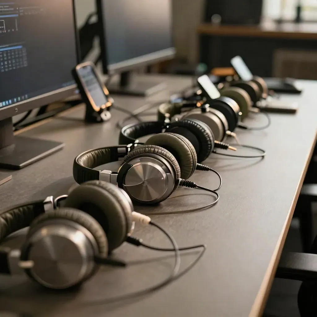 Editing rail with headphones, recorders, and phone mounts on a bench