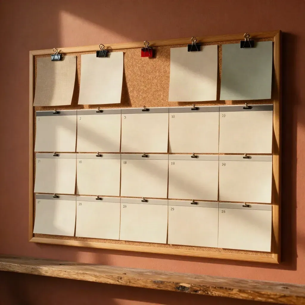 Studio wall with clipped blank cards, cork board, and folded backdrop samples in warm light.