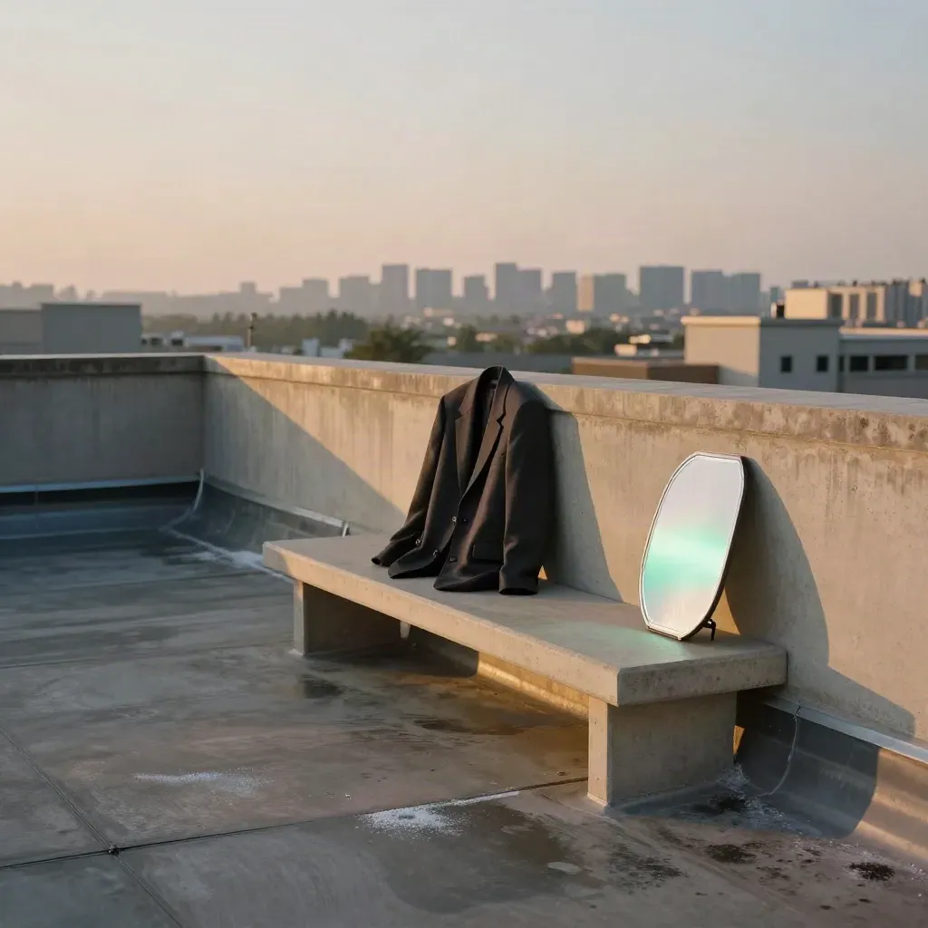 Empty rooftop with a draped blazer, reflector, and hazy skyline in warm evening light.