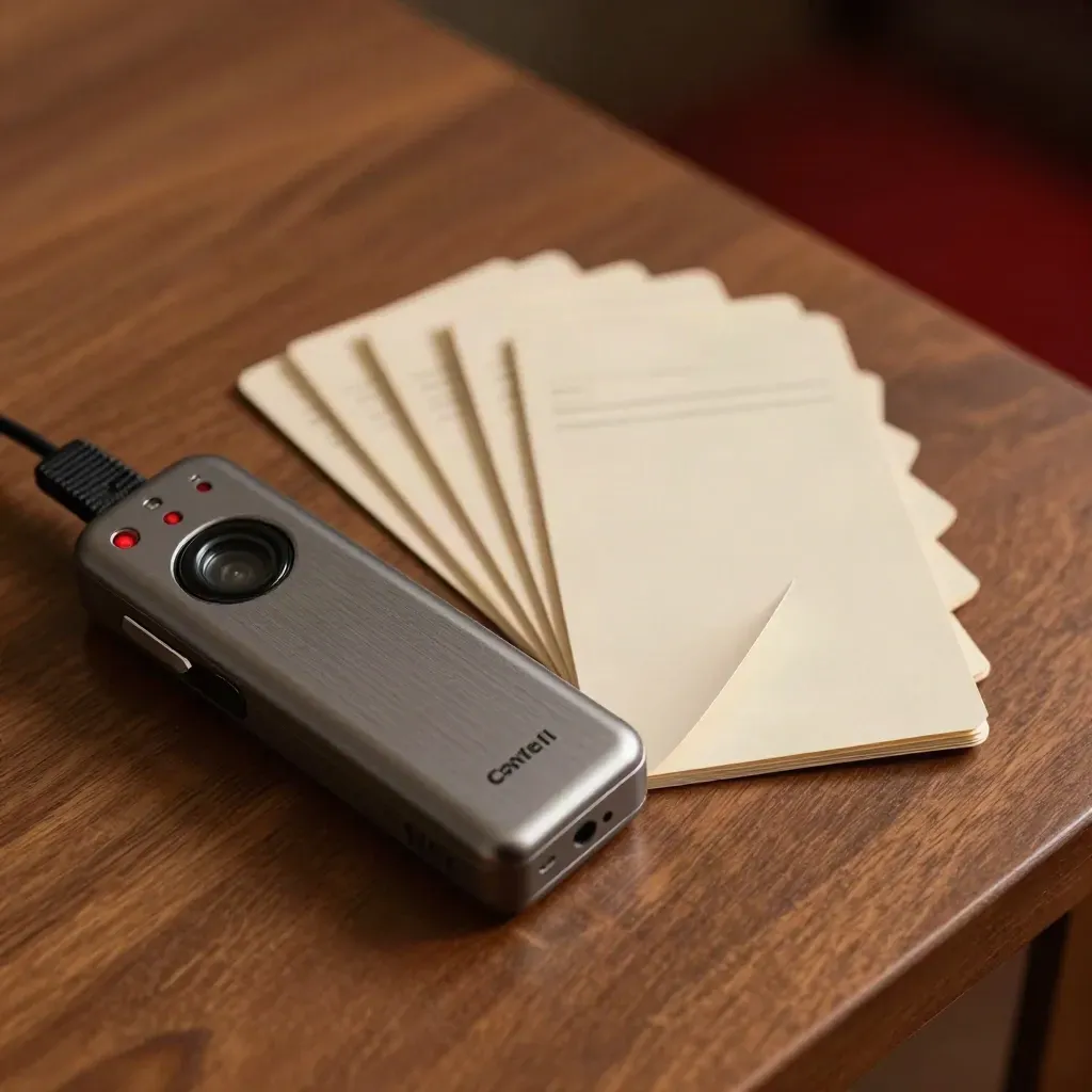 Voice recorder, caption cards and clip-on light mid-sort on a warm desk