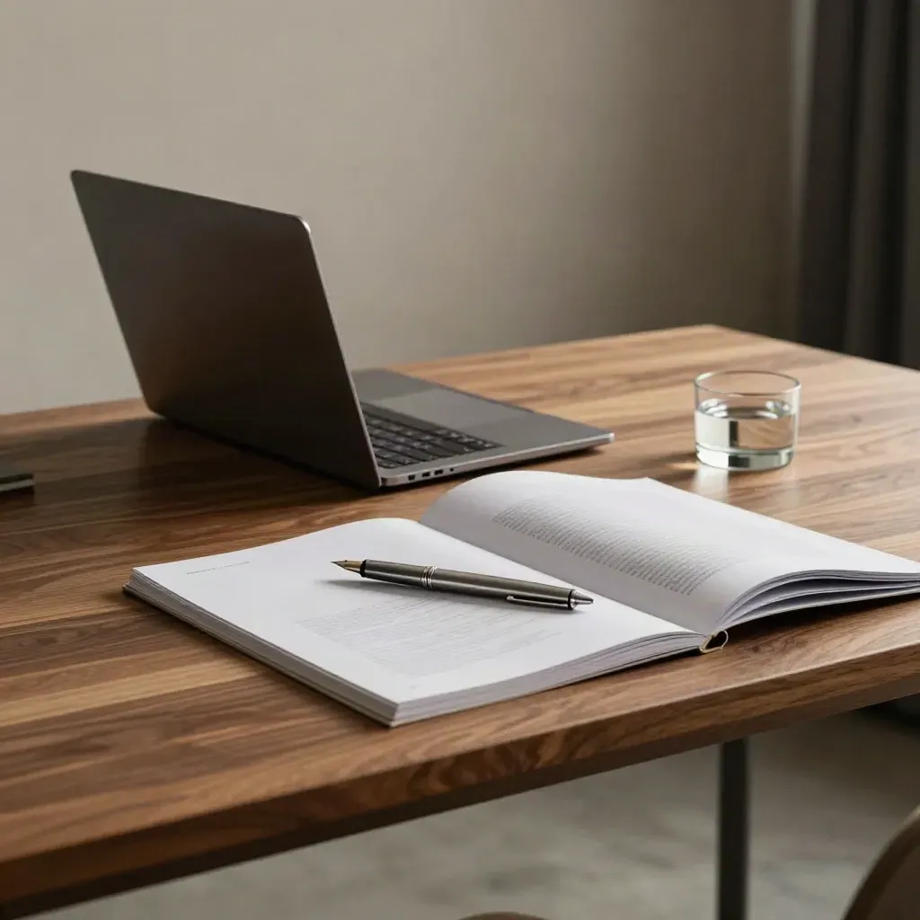 Closed laptop, fountain pen, page proofs, and paperweight on a quiet creative studio desk.
