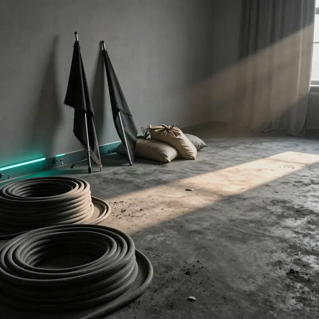 Reset film set floor with cables, flags, stands, sandbags and a half-drawn curtain in teal haze
