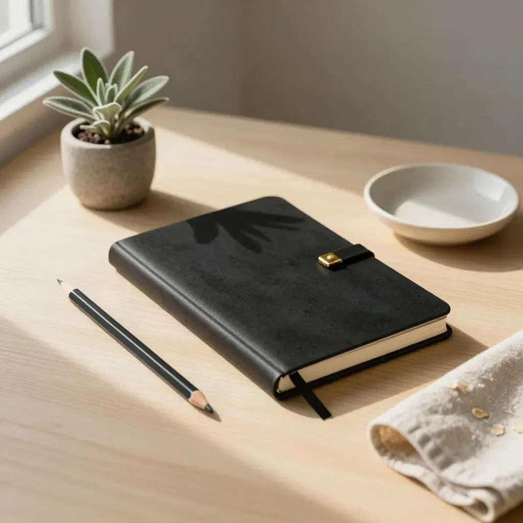 Matte-black strategy notebook with pencil, plant, dish, and folded cloth on pale wood.
