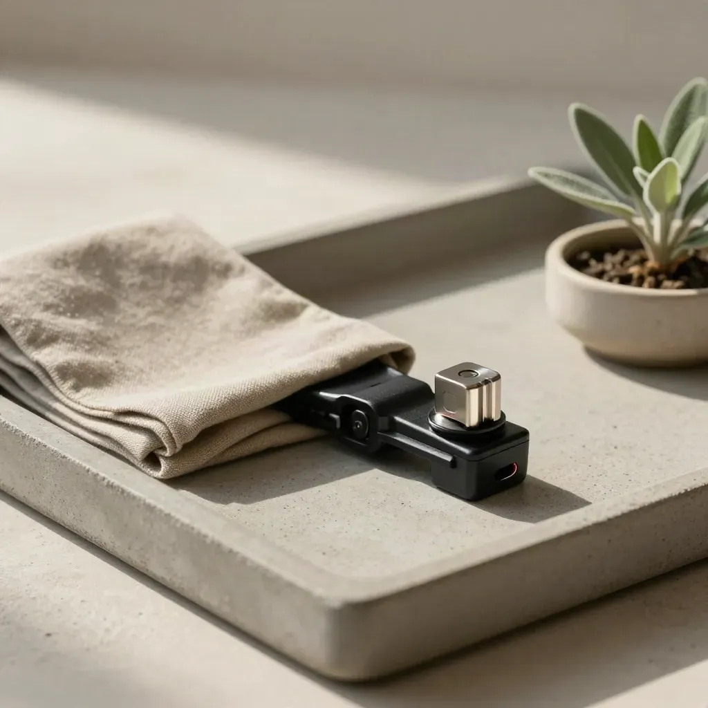Light-stand clamp, diffusion fabric, coupler and plant arranged on a concrete tray.