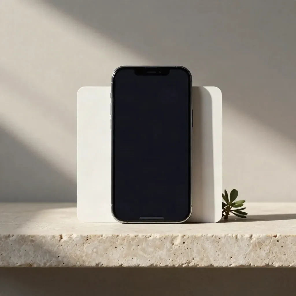 Dark-screen smartphone, grip base, blank cards and small plant on a pale stone shelf.