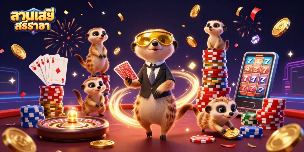 Sri Racha Tiger Zoo features a vibrant casino scene with dynamic meerkat characters enjoying gambling activities.