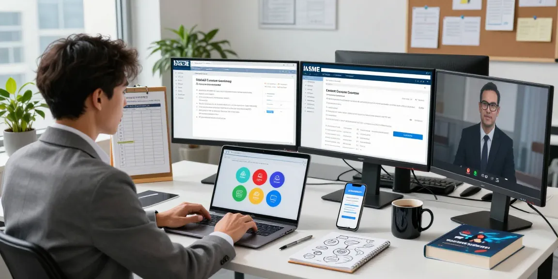 Professional workspace showcasing Cyber Essentials accreditation process with multiple monitors and compliance dashboards.