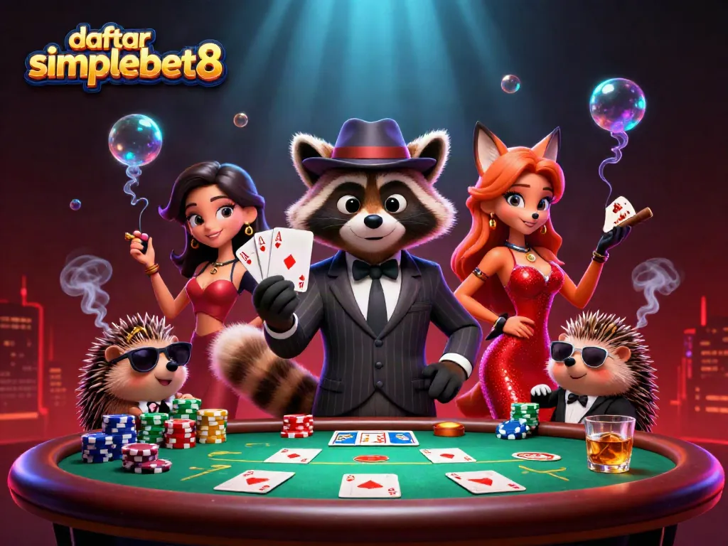 Witness the excitement of classic card games with the charming characters in daftar simplebet8, showcasing poker action and glamour.