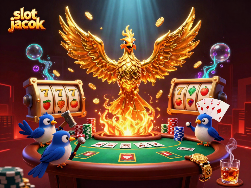 Experience the thrill of a slot jackpot with a stunning phoenix and poker elements.