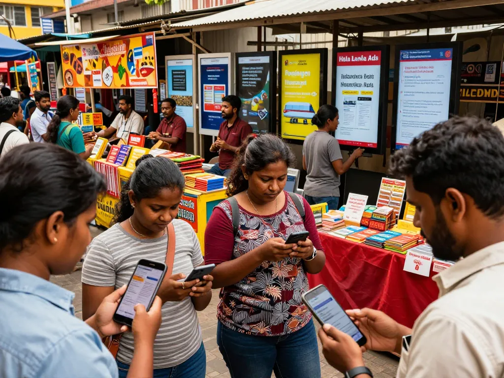 People engaging with Hela Lanka Ads in a vibrant marketplace setting.