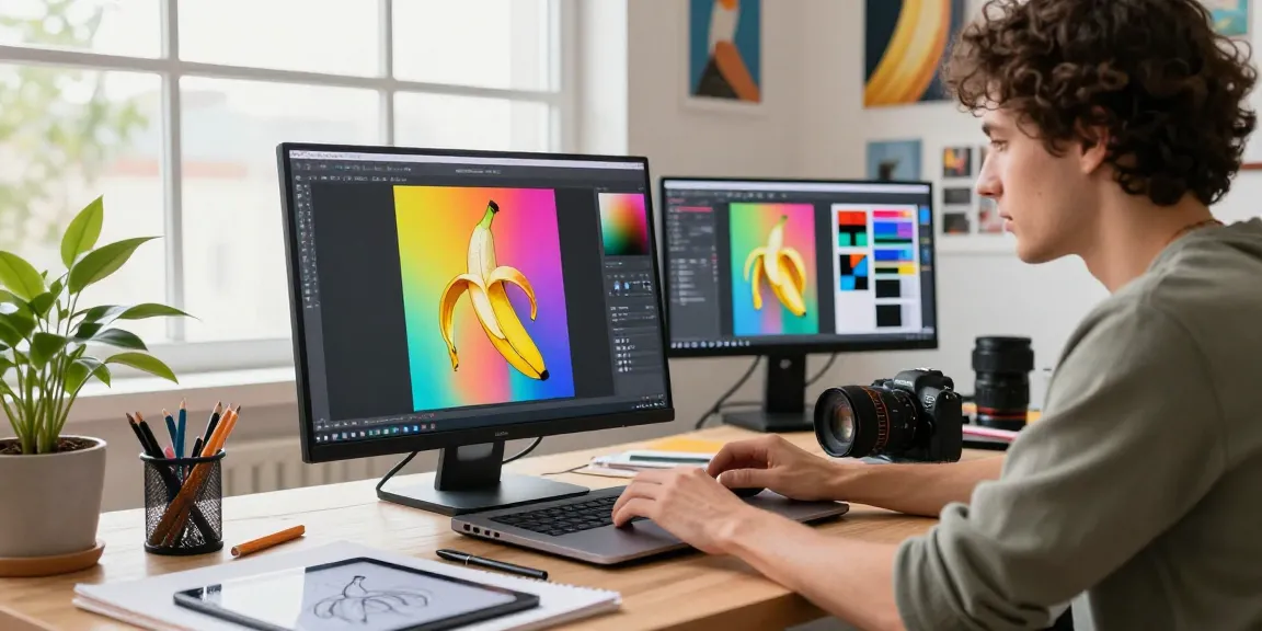Designer using nano banana pro AI software for creative image editing.