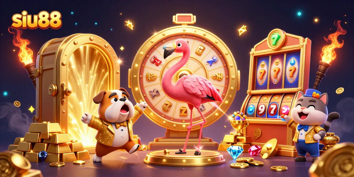 Siu88 engages players with colorful slot games and prizes in a vibrant 3D casino scene.