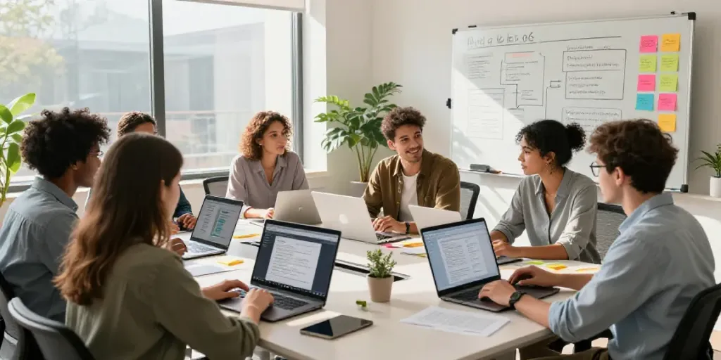 Content creators collaborating on an innovative AI text generator project in a modern workspace.
