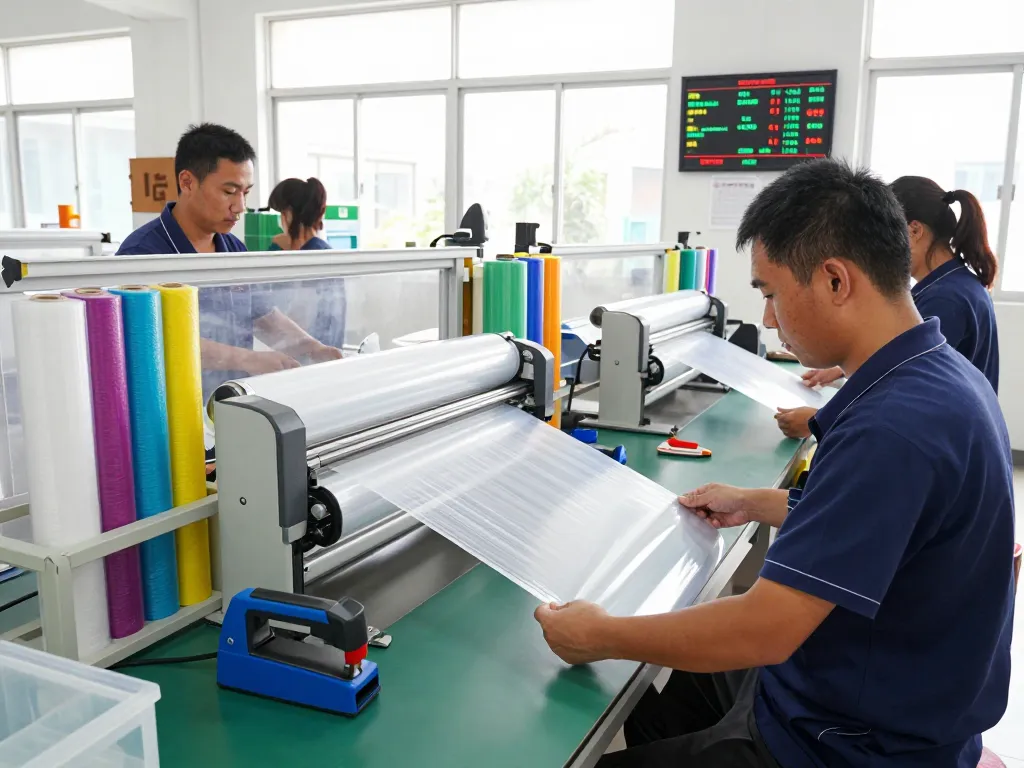 Bóc ép plastic tại hà nội in a modern workshop with skilled workers handling colorful plastic materials and equipment.