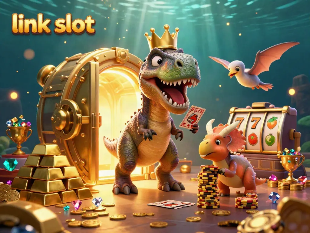 Permainan slot gacor di link slot dengan T-Rex yang sedang mengocok kartu dan triceratops mengumpulkan chip emas.