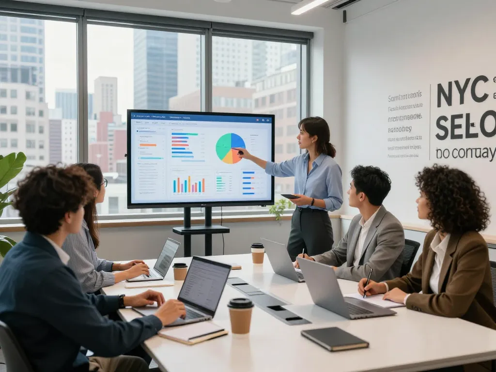 Collaborative environment at an NYC SEO Company with teams discussing marketing strategies and analytics in a modern office.