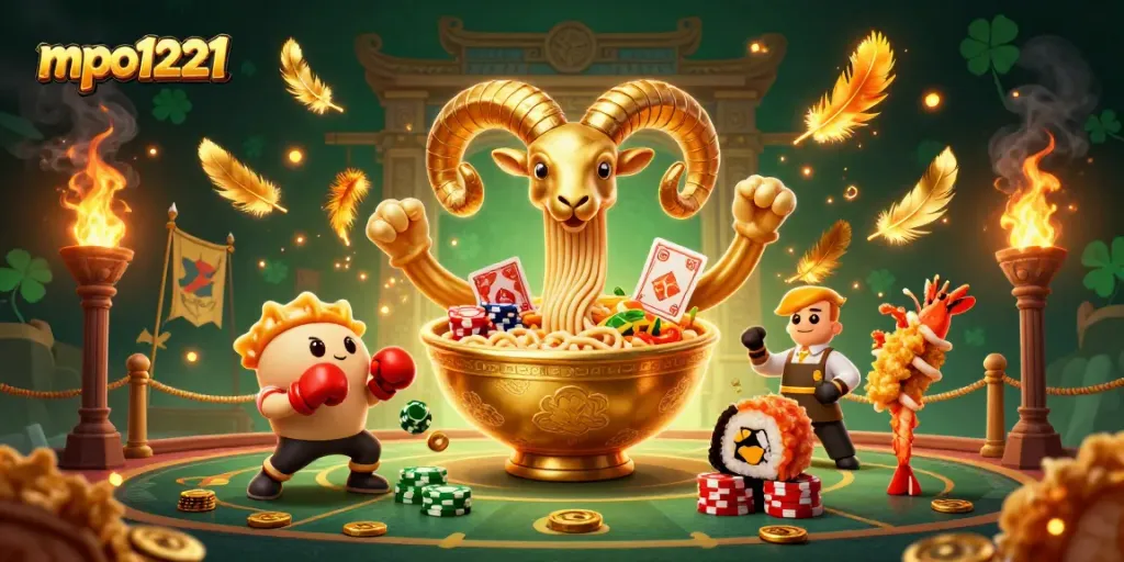 Engage in thrilling gameplay with mpo1221 amidst vibrant casino characters and dynamic elements.