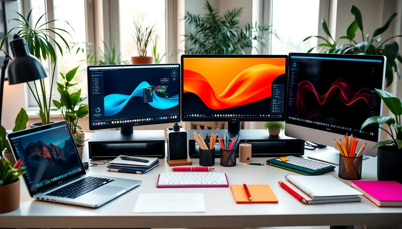 Die professionelle digitale Arbeitsumgebung bei https://alvionz.de/ zeigt moderne Geräte und kreative Elemente.