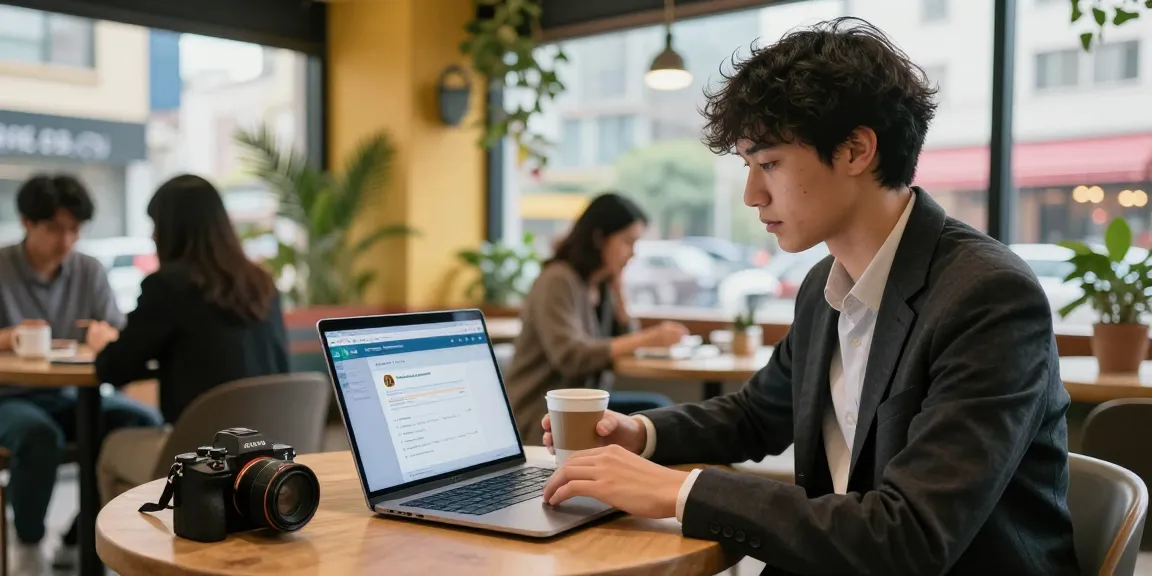 Persona en café pagando factura ETB en laptop, ambiente moderno y dinámico