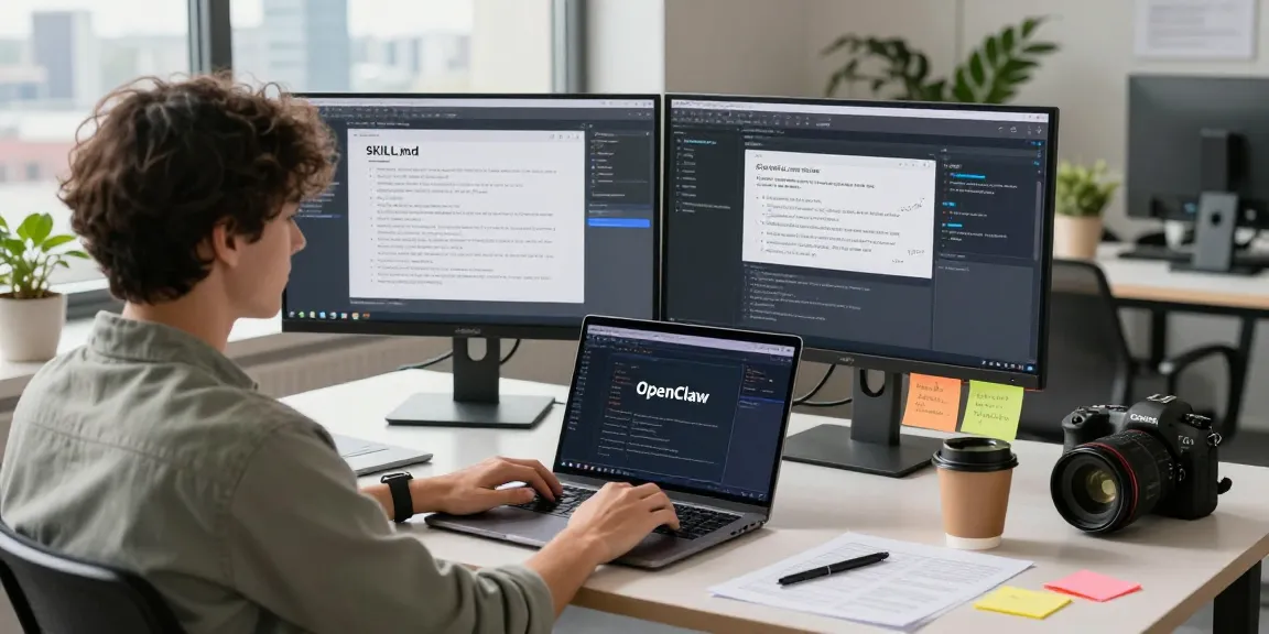 Developer enhancing open claw skill in a vibrant tech workspace with dual monitors showing automation tools.