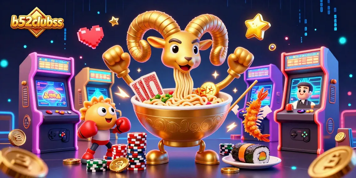 Join the vibrant b52clubss scene with a golden ramen bowl dealer and cheerful sushi characters in a bustling casino.