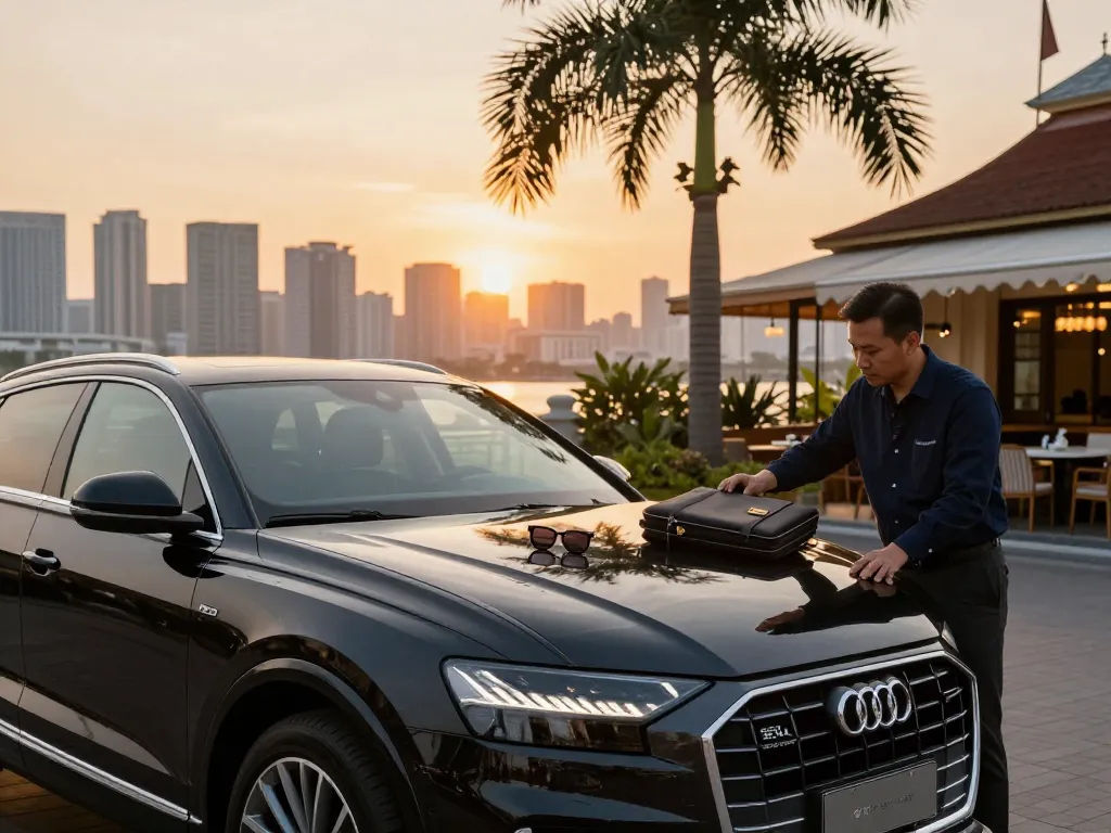 cho thuê xe ô tô hạng sang với một chiếc Audi Q8 đậu trong một khung cảnh thành phố sang trọng vào lúc hoàng hôn, thể hiện dịch vụ cho thuê xe ô tô hạng sang.