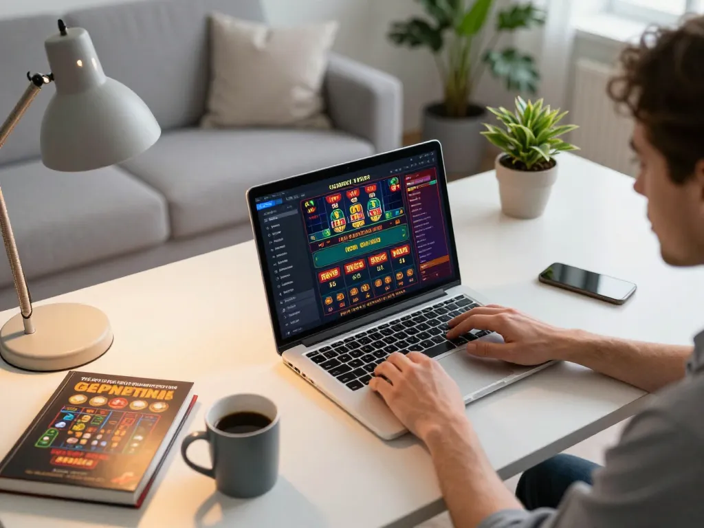 Player enjoying online gambling at 888now on a laptop in a cozy home office setting
