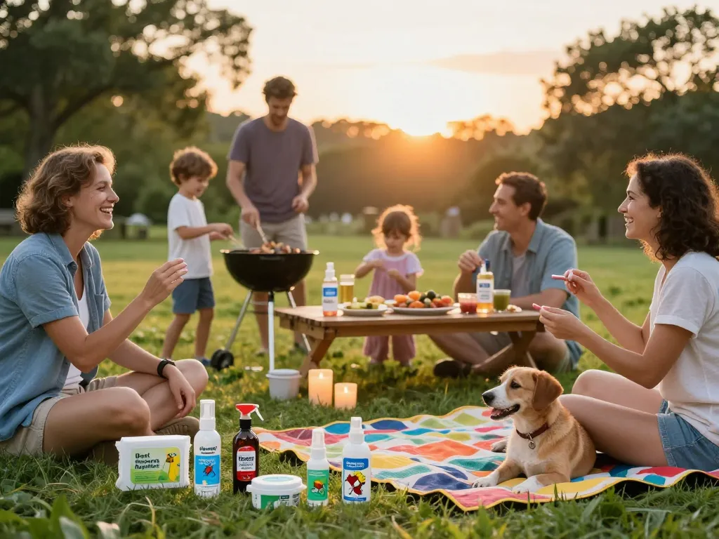 Family enjoying a backyard barbecue while applying the Best Mosquito Repellent products under warm summer sunset.