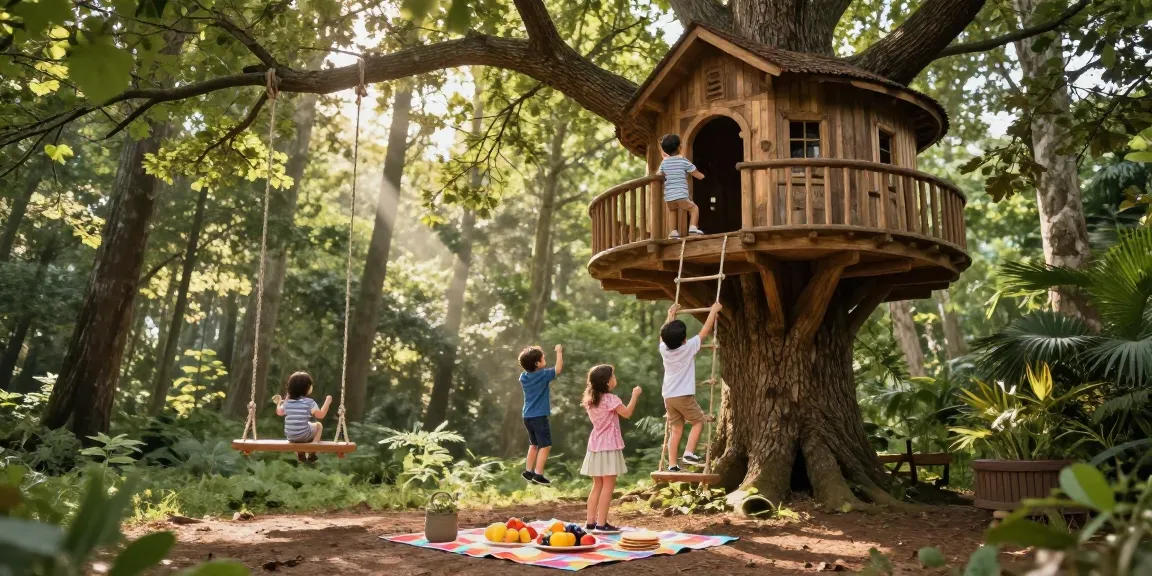 Family enjoying adventure in treehouses among trees, exploring nature.