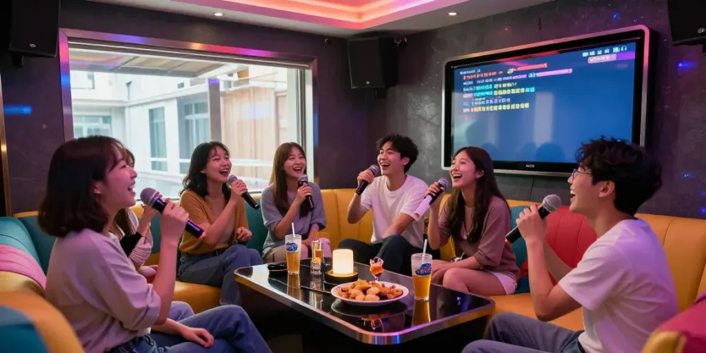 강남도파민 가라오케에서 친구들이 함께 노래하고 즐거운 시간을 보내는 모습