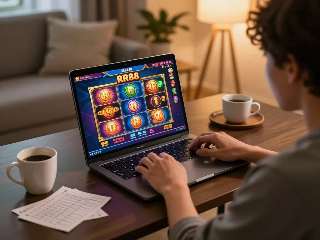 Engaging online gaming with RR88 slots, showcasing vibrant graphics and user strategy notes.