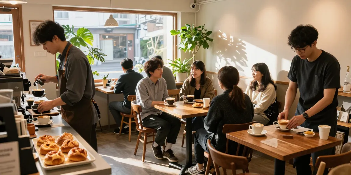 Cozy 상봉동 한국관 cafe scene with friends sharing stories and barista crafting coffee.