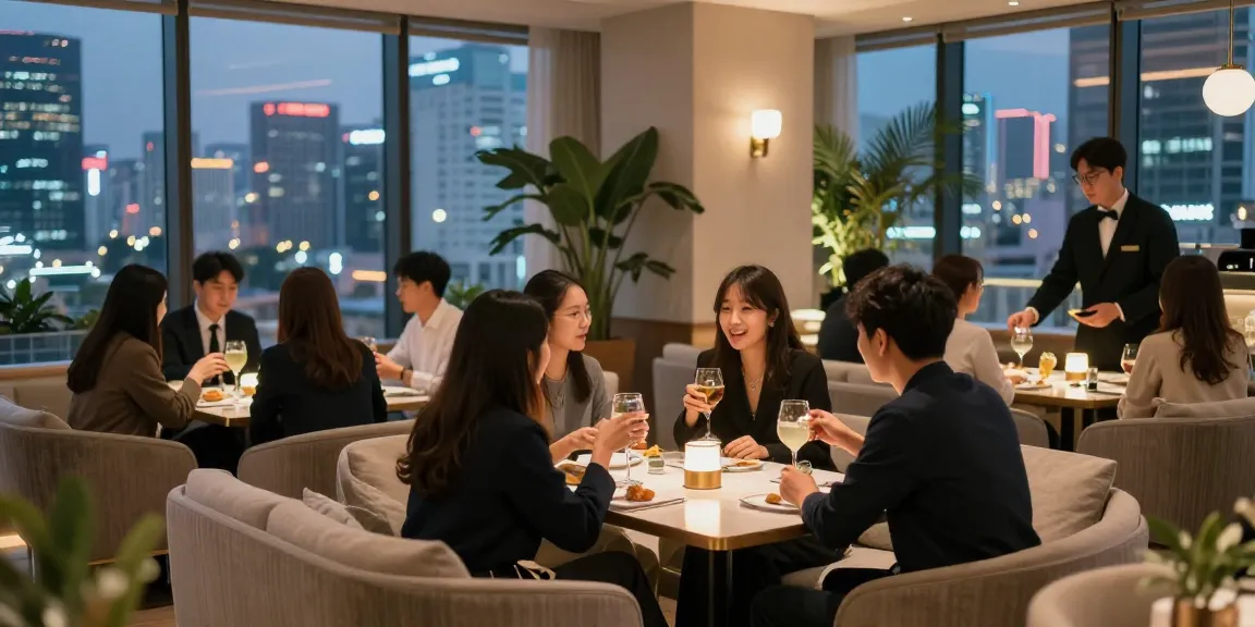 강남 멀리건의 현대적인 라운지에서 친구들과 함께 즐거운 시간을 보내는 모습