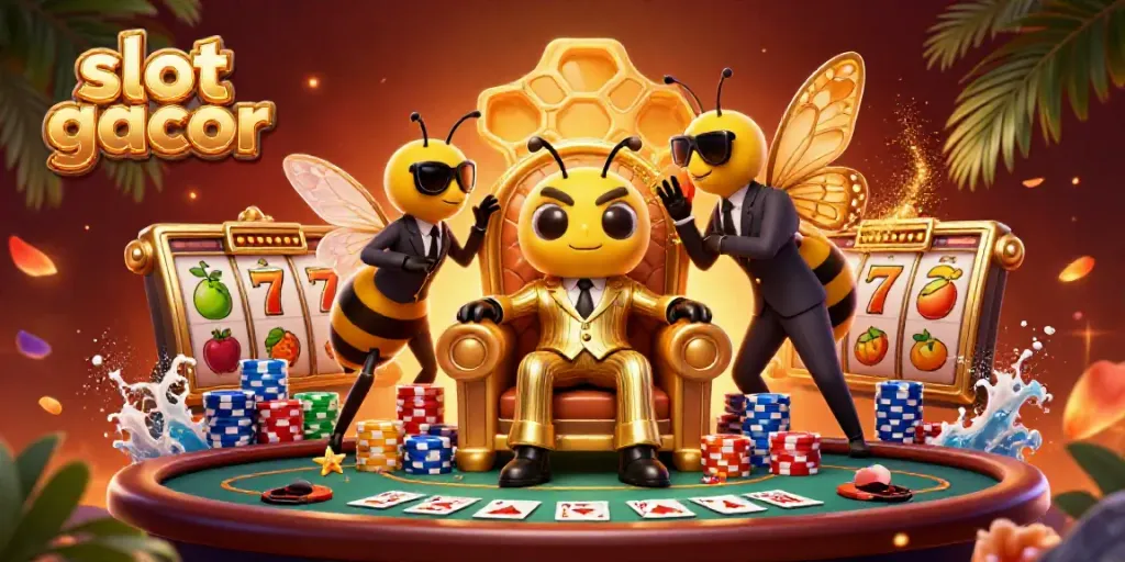 Experience thrilling moments with slot gacor as a bumblebee mob boss oversees a colorful casino scene.