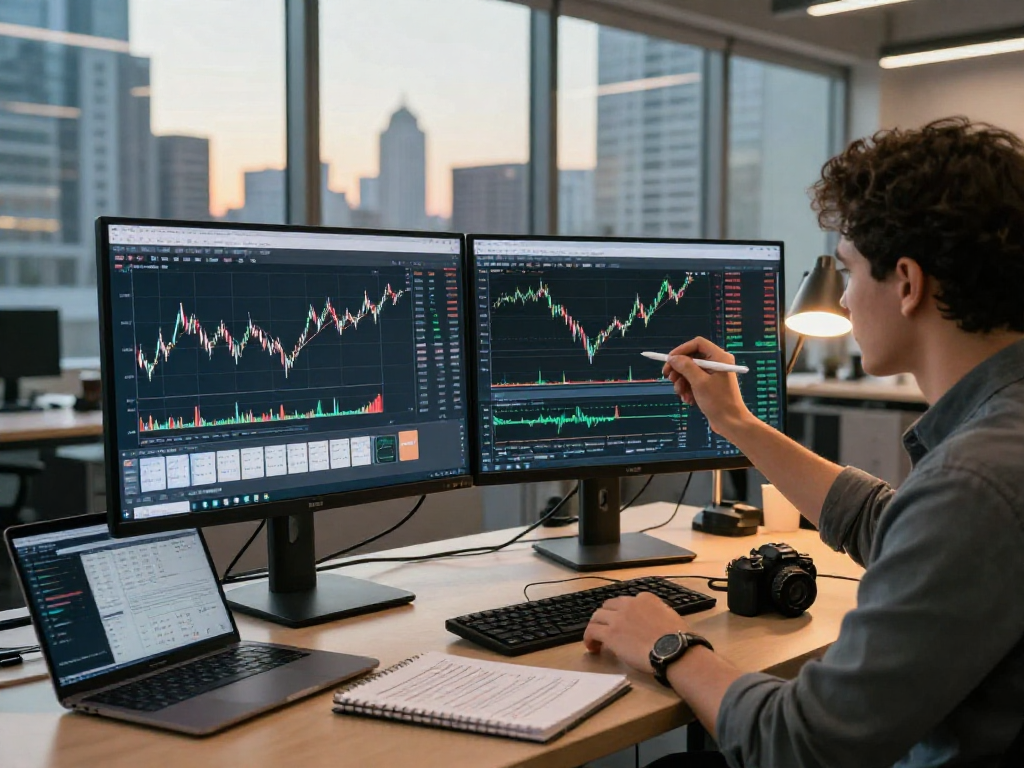 MetaTrader 5 交易者在现代办公环境中分析市场数据与图表，展现专业金融交易氛围