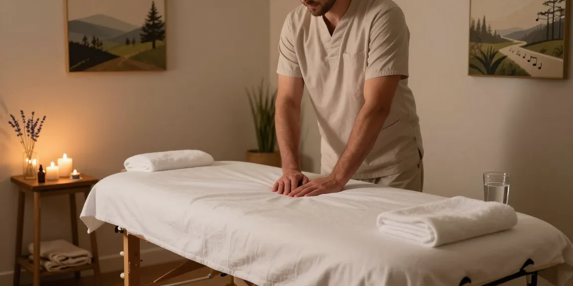 Relaxing 노원출장안마 home massage scene with therapist, aromatic candles, and soothing ambiance.