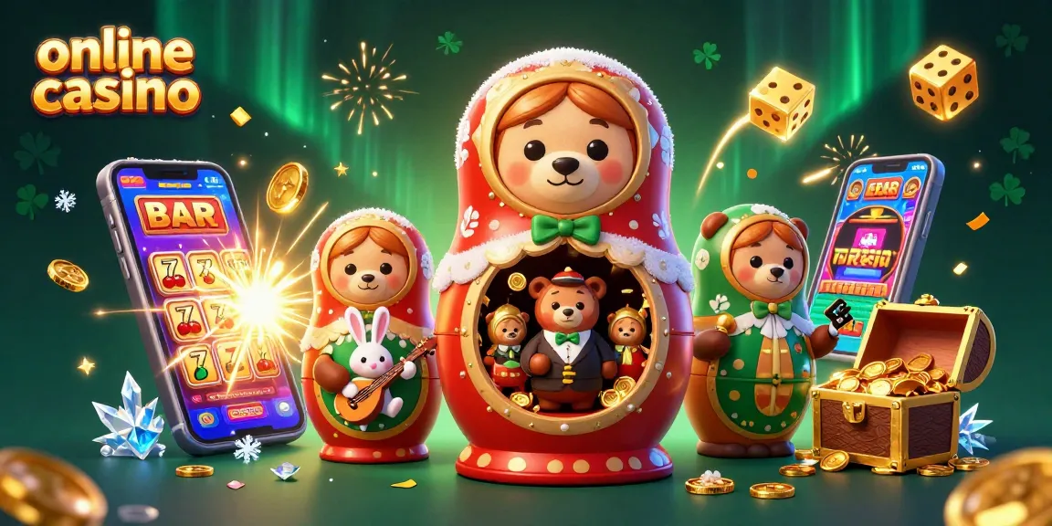 Gioca ai migliori giochi online casino con un'illustrazione 3D di un'orsetto Matryoshka che celebra vincite e bonus.