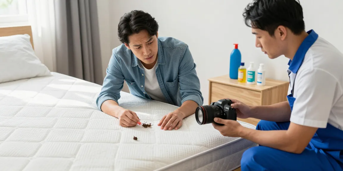Professional bed bug treatment in action while inspecting a bedroom for signs of infestation.