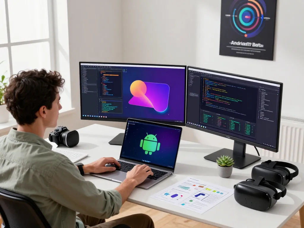 Developer in a modern workspace exploring Android 17 Beta features and coding solutions.